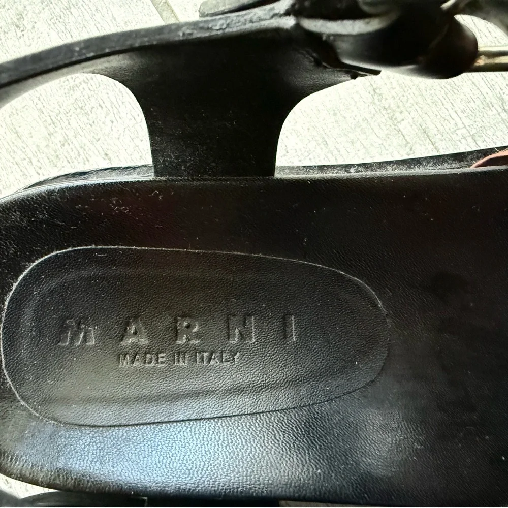 Marni Black Leather Fussbett Flat Sandals With Brown Bow - Size IT 37/ US 7 - Picture 3 of 4